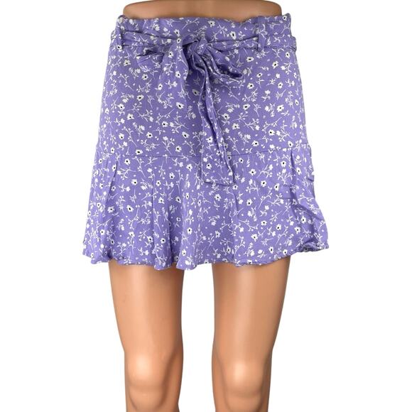 Zara Purple White High Waisted Floral Belted Tie Ruffle A Line Mini Skirt Size M - Picture 1 of 4